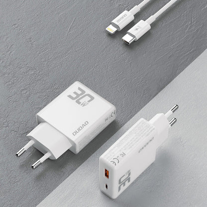 Netzwerkladegerät mit Lightning-Kabel Dudao A30EUL, 30 W, 3 A, 1 x USB-A – 1 x USB-C, Weiß