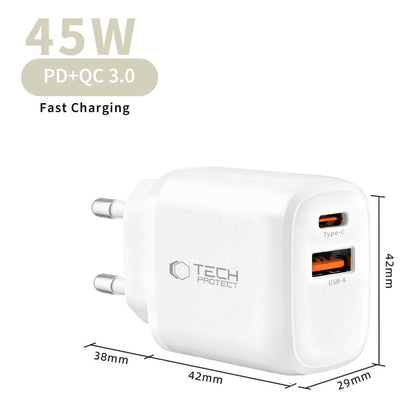 Netzladegerät mit USB-C Kabel Tech-Protect NCA45W, 45W, 3A, 1 x USB-A - 1 x USB-C, Weiß