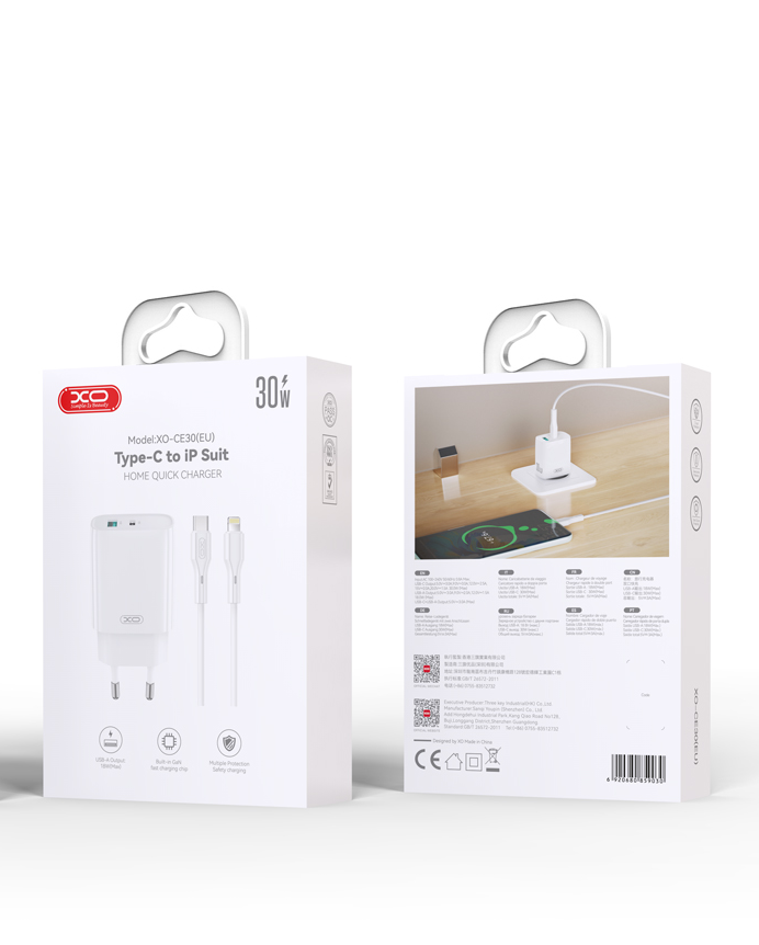 Netzladegerät mit Lightning-Kabel XO Design CE30, 30W, 3A, 1 x USB-A - 1 x USB-C, Weiß