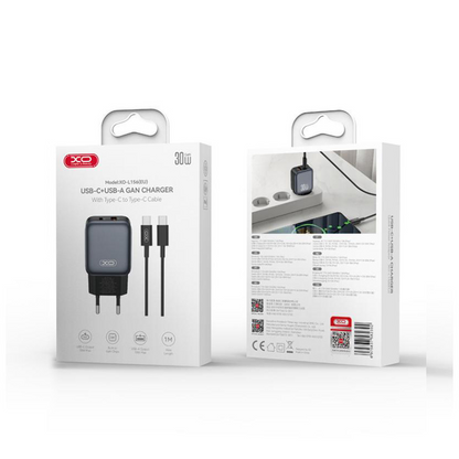 Network Charger with USB-C Cable XO Design L156, 30W, 3A, 1 x USB-A - 1 x USB-C, Black