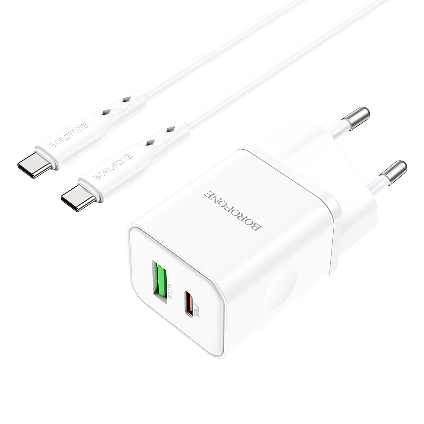 Borofone BN7 Netzwerkladegerät mit USB-C-Kabel, 20 W, 3 A, 1 x USB-A – 1 x USB-C, Weiß