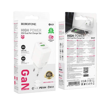 Netzladegerät mit USB-C Kabel Borofone BN29 Fuente, 30W, 3A, 1 x USB-A - 1 x USB-C, Weiß