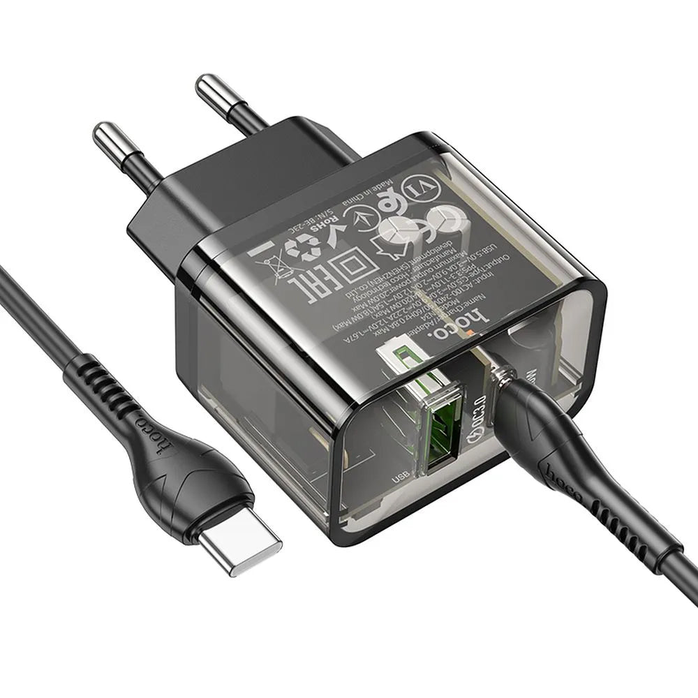 Netzladegerät mit USB-C Kabel HOCO N34, 20W, 3A, 1 x USB-A - 1 x USB-C, Transparent