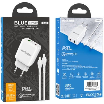 Netzwerkladegerät mit Lightning-Kabel BLUE Power BLN5, 20 W, 3 A, 1 x USB-A – 1 x USB-C, Weiß