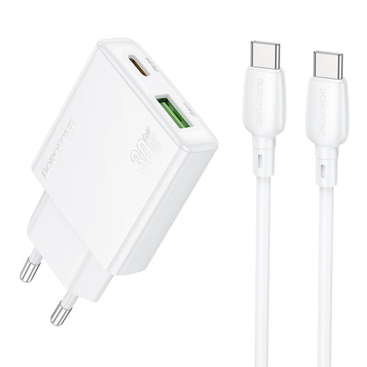 Netzwerkladegerät mit USB-C-Kabel Borofone BN25 Wish, 30 W, 3 A, 1 x USB-A - 1 x USB-C, Weiß