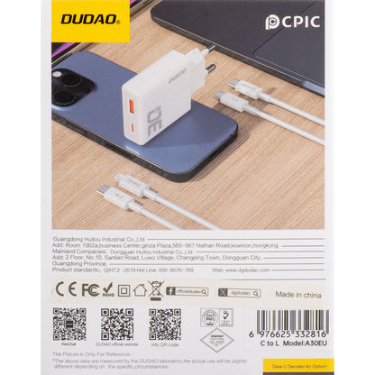 Netzwerkladegerät mit Lightning-Kabel Dudao A30EUL, 30 W, 3 A, 1 x USB-A – 1 x USB-C, Weiß