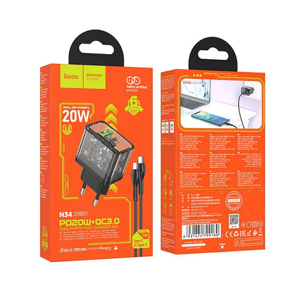 Netzladegerät mit USB-C Kabel HOCO N34, 20W, 3A, 1 x USB-A - 1 x USB-C, Transparent