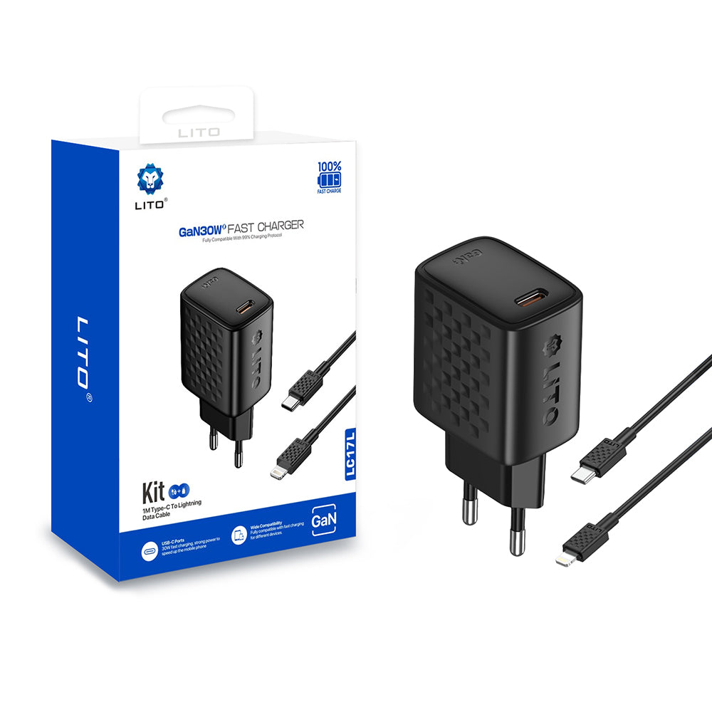Netzladegerät mit Lightning-Kabel Lito LC17L, 30W, 3A, 1 x USB-C, Schwarz