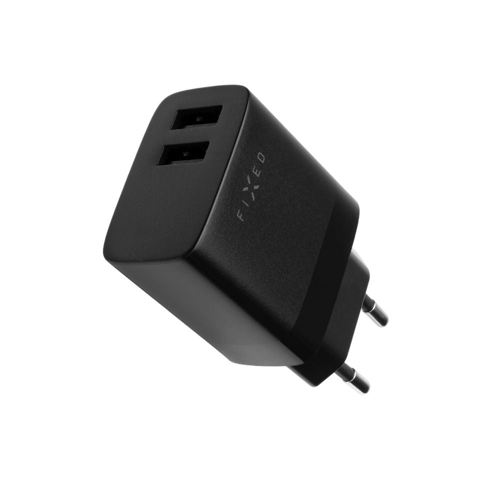 Netzladegerät mit microUSB-Kabel Fixed, 17W, 3A, 2 x USB-A, Schwarz