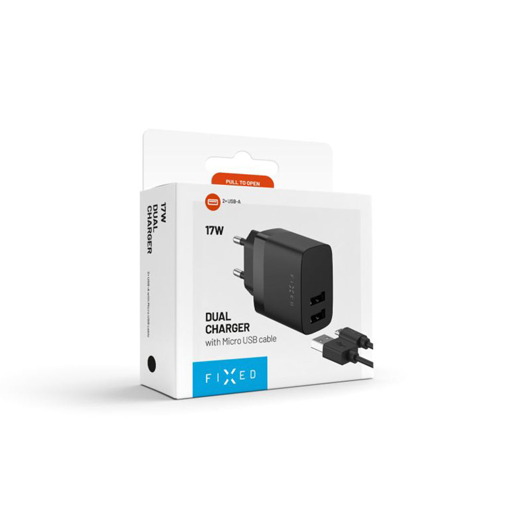 Netzladegerät mit microUSB-Kabel Fixed, 17W, 3A, 2 x USB-A, Schwarz
