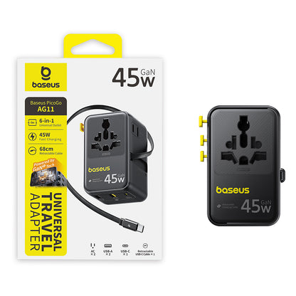 Netzteil mit USB-C-Kabel Baseus Travel PicoGo AG11, 45W, 2 x Steckdose - 1 x USB-C - 2 x USB-A, Schwarz E0307F00