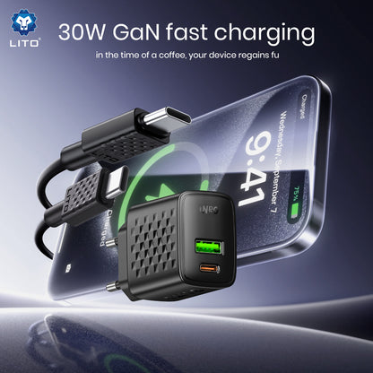 Netzladegerät mit USB-C Kabel Lito LC19T, 30W, 3A, 1 x USB-A - 1 x USB-C, Schwarz