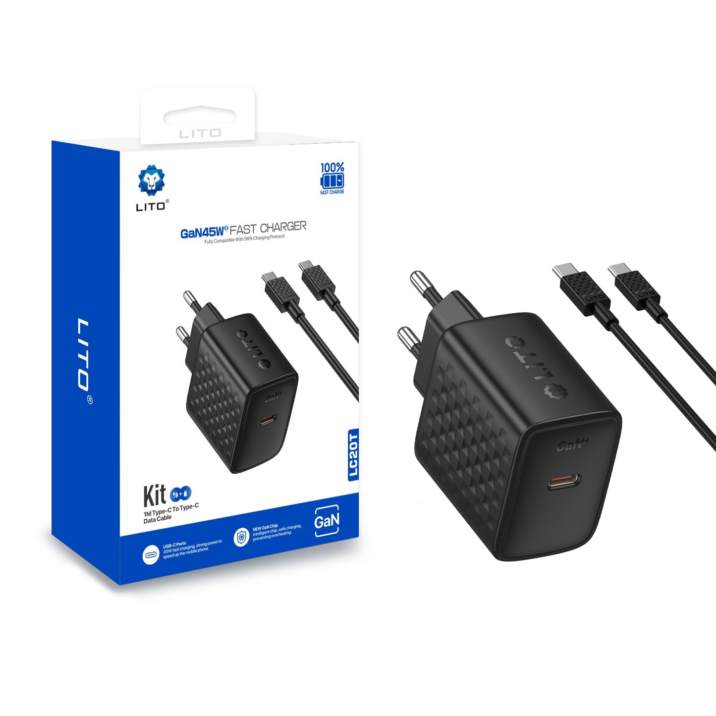Netzladegerät mit USB-C Kabel Lito LC20T, 45W, 3A, 1 x USB-C, Schwarz