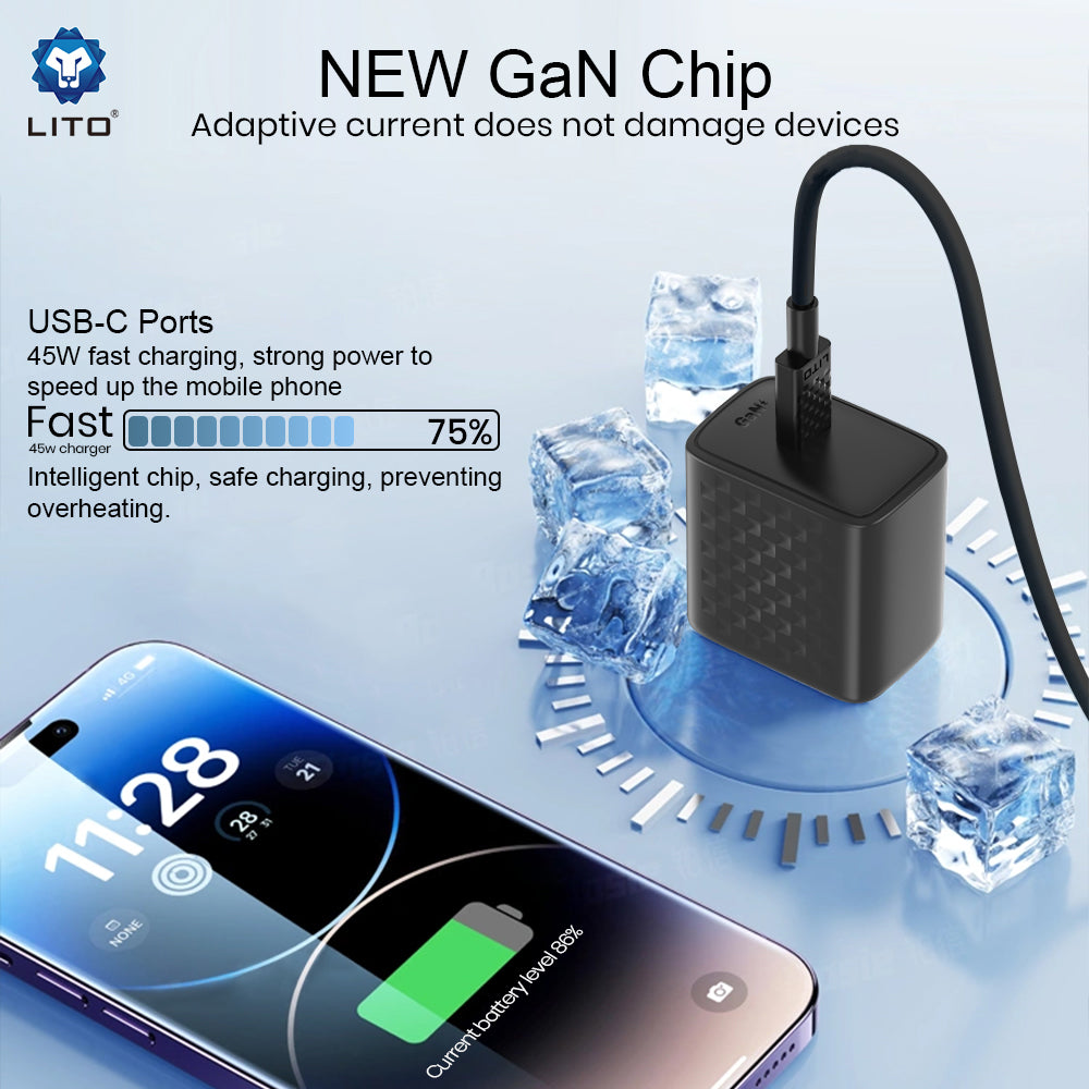 Netzladegerät mit USB-C Kabel Lito LC20T, 45W, 3A, 1 x USB-C, Schwarz