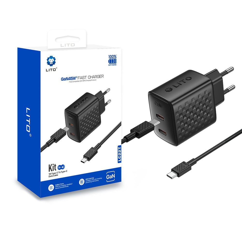 Netzladegerät mit USB-C Kabel Lito LC22T, 45W, 3A, 2 x USB-C, Schwarz