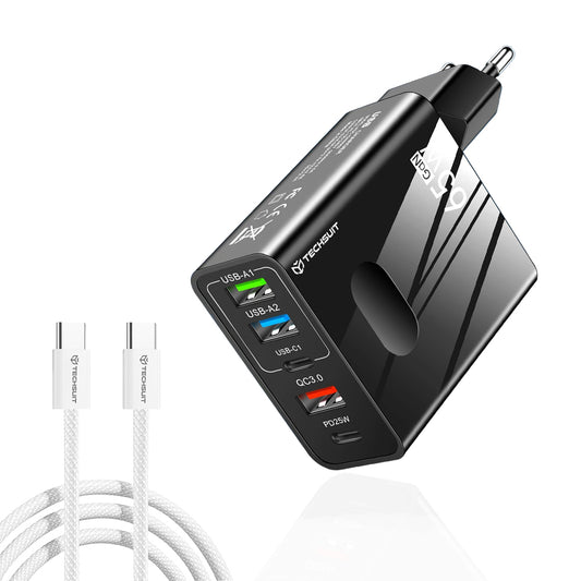 Netzladegerät mit USB-C Kabel Techsuit CHC1 PentaXPower, 25W, 3A, 3 x USB-A - 2 x USB-C, Schwarz