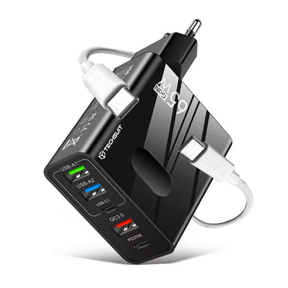 Techsuit CHC1 PentaXPower Network Charger with USB-C Cable, 25W, 3A, 3 x USB-A - 2 x USB-C, Black