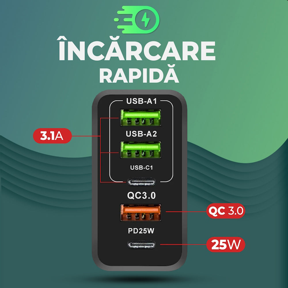 Techsuit CHC1 PentaXPower Network Charger with USB-C Cable, 25W, 3A, 3 x USB-A - 2 x USB-C, Black