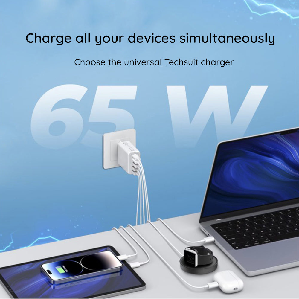 Netzladegerät mit USB-C Kabel Techsuit CHC2 PentaXPower, 20W, 3A, 3 x USB-A - 2 x USB-C, Weiß
