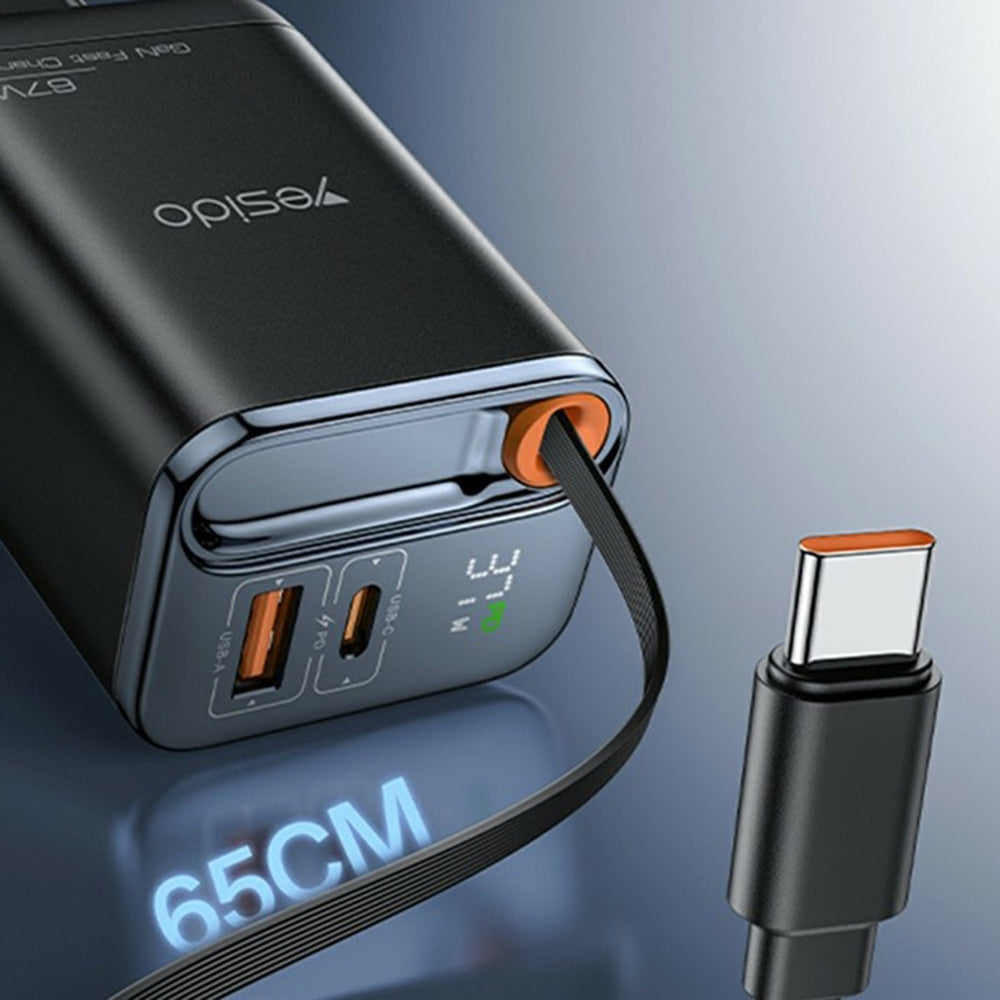 Netzladegerät mit USB-C Kabel Yesido YC100 Display, 67W, 3.35A, 1 x USB-A - 1 x USB-C, Schwarz