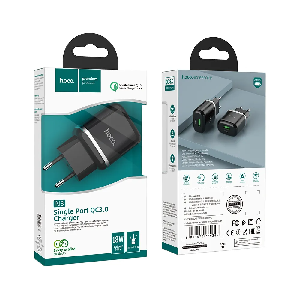 Netzladegerät HOCO N3, 18W, 3A, 1 x USB-A, Schwarz