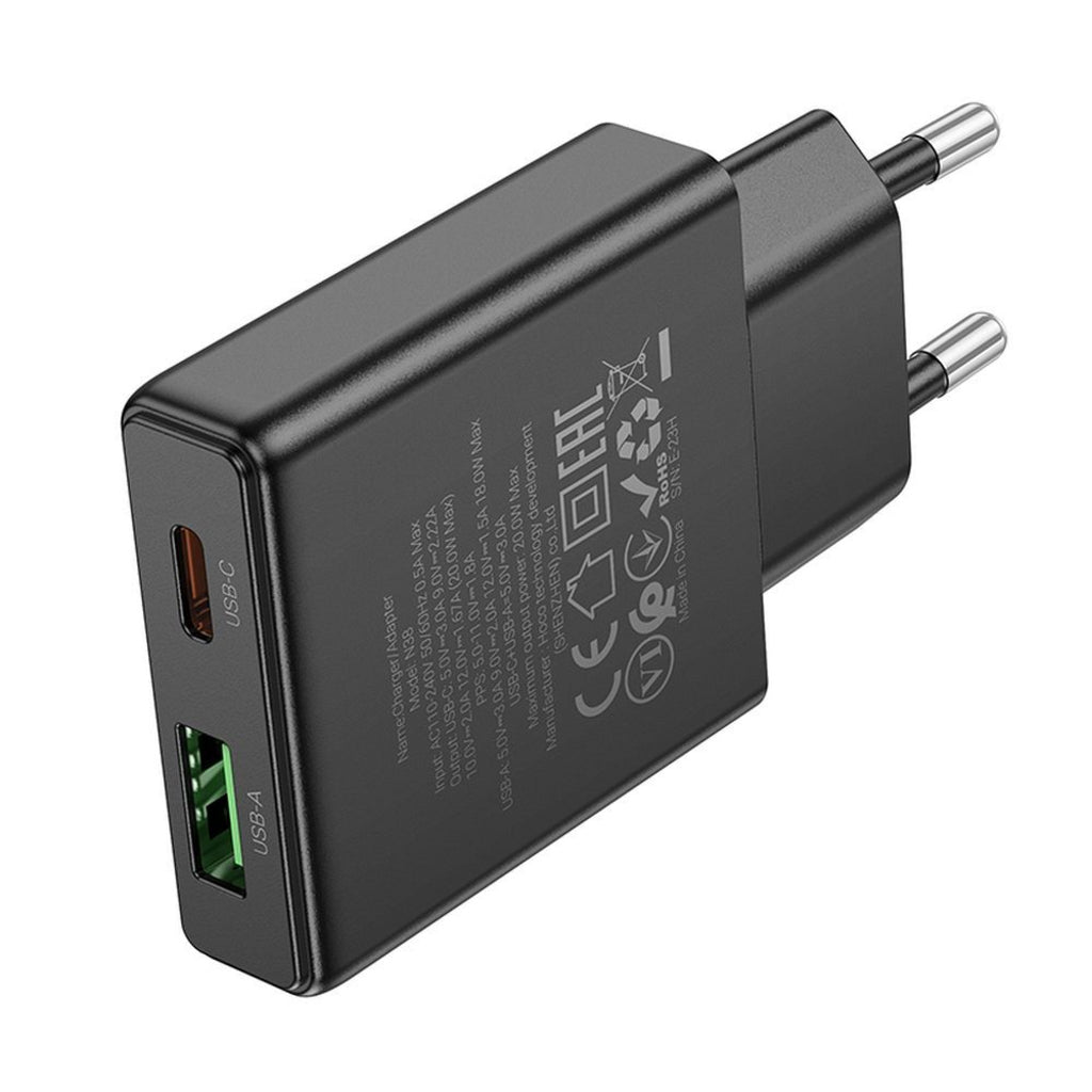 Netzladegerät HOCO N38, 20W, 3A, 1 x USB-A - 1 x USB-C, Schwarz