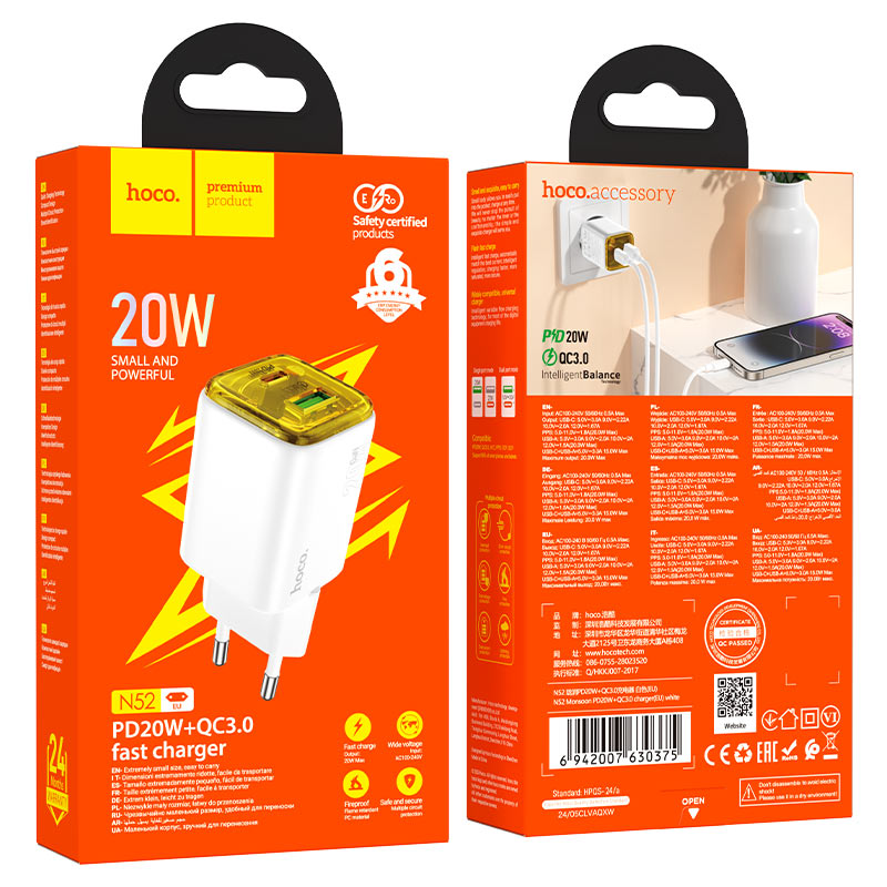 Netzladegerät HOCO N52, 20W, 3A, 1 x USB-A - 1 x USB-C, Weiß