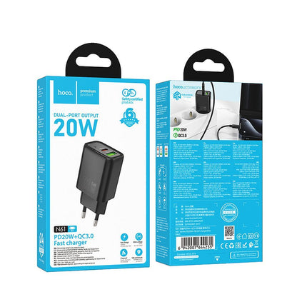 Netzladegerät HOCO N61, 20W, 3A, 1 x USB-A - 1 x USB-C, Schwarz