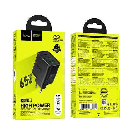 HOCO N75 Network Charger, 65W, 3A, 1 x USB-A - 2 x USB-C, Black