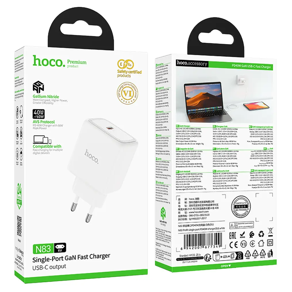 HOCO N83 Netzladegerät, 40W, 3A, 1 x USB-C, Weiß