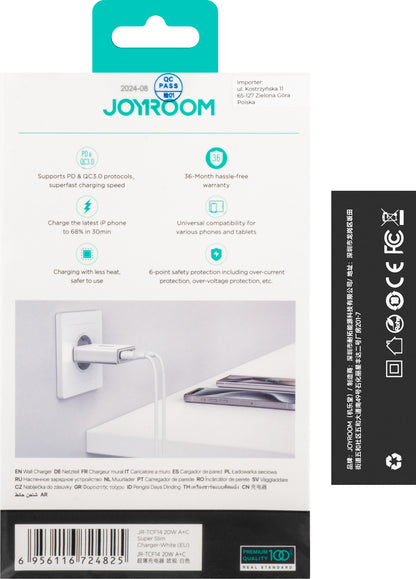 Joyroom Netzwerkladegerät JR-TCF14, 20 W, 3 A, 1 x USB-A – 1 x USB-C, Weiß