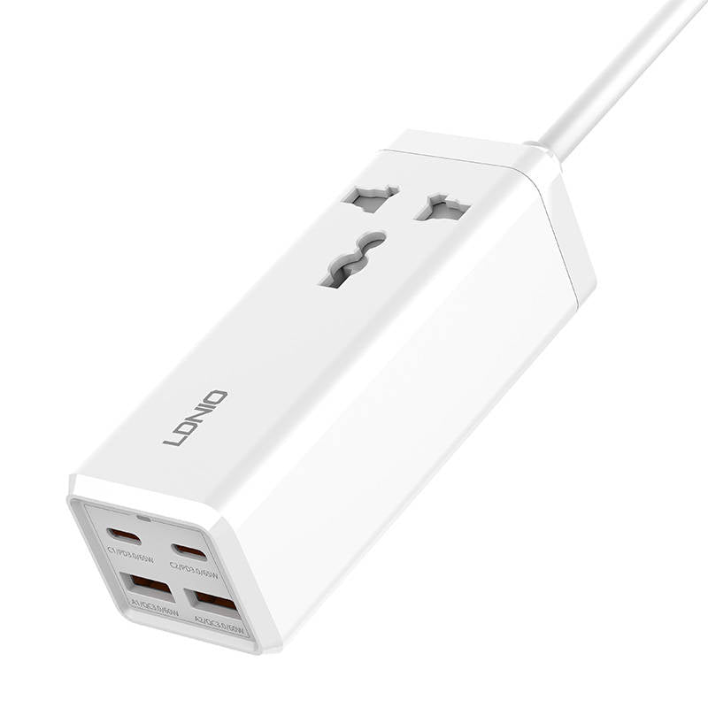 Netzwerkladegerät Ldnio SC1418, 2500 W, 5 A, 1 x Steckdose – 2 x USB-A – 2 x USB-C, Weiß