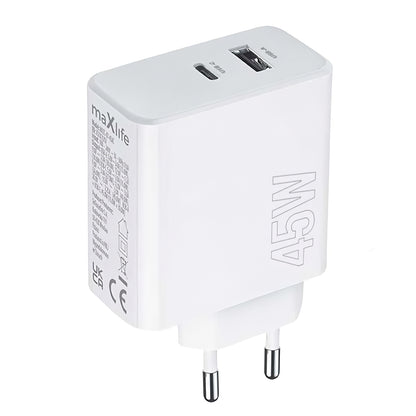 MaXlife Netzwerk-Ladegerät MXTC-07-45AC, 45 W, 3 A, 1 x USB-A – 1 x USB-C, Weiß