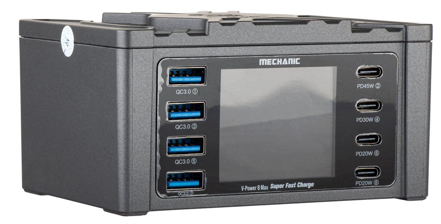 Ladestation Mechanic V-Power Max mit Display, 115W, 3A, 4 x USB-A - 4 x USB-C, Schwarz