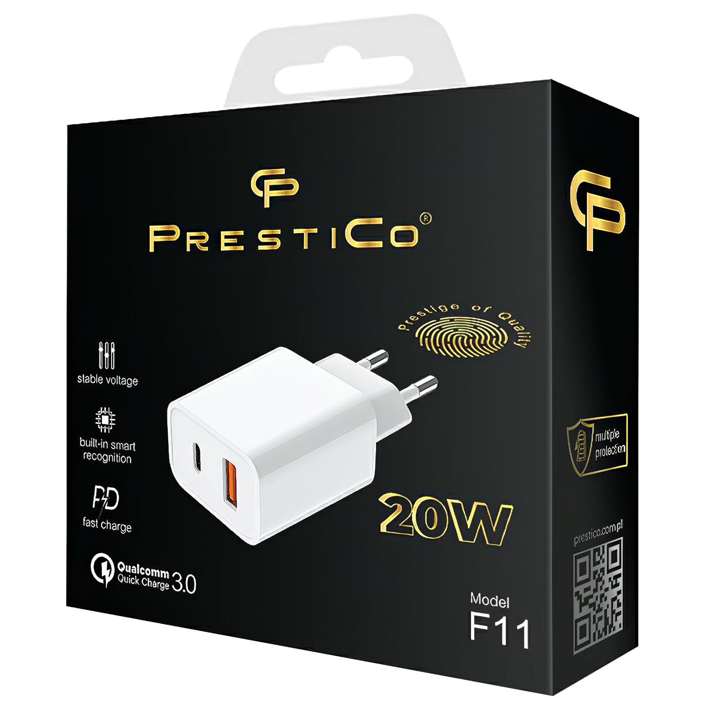 Prestico F11 Netzwerkladegerät, 20 W, 3 A, 1 x USB-A – 1 x USB-C, Weiß