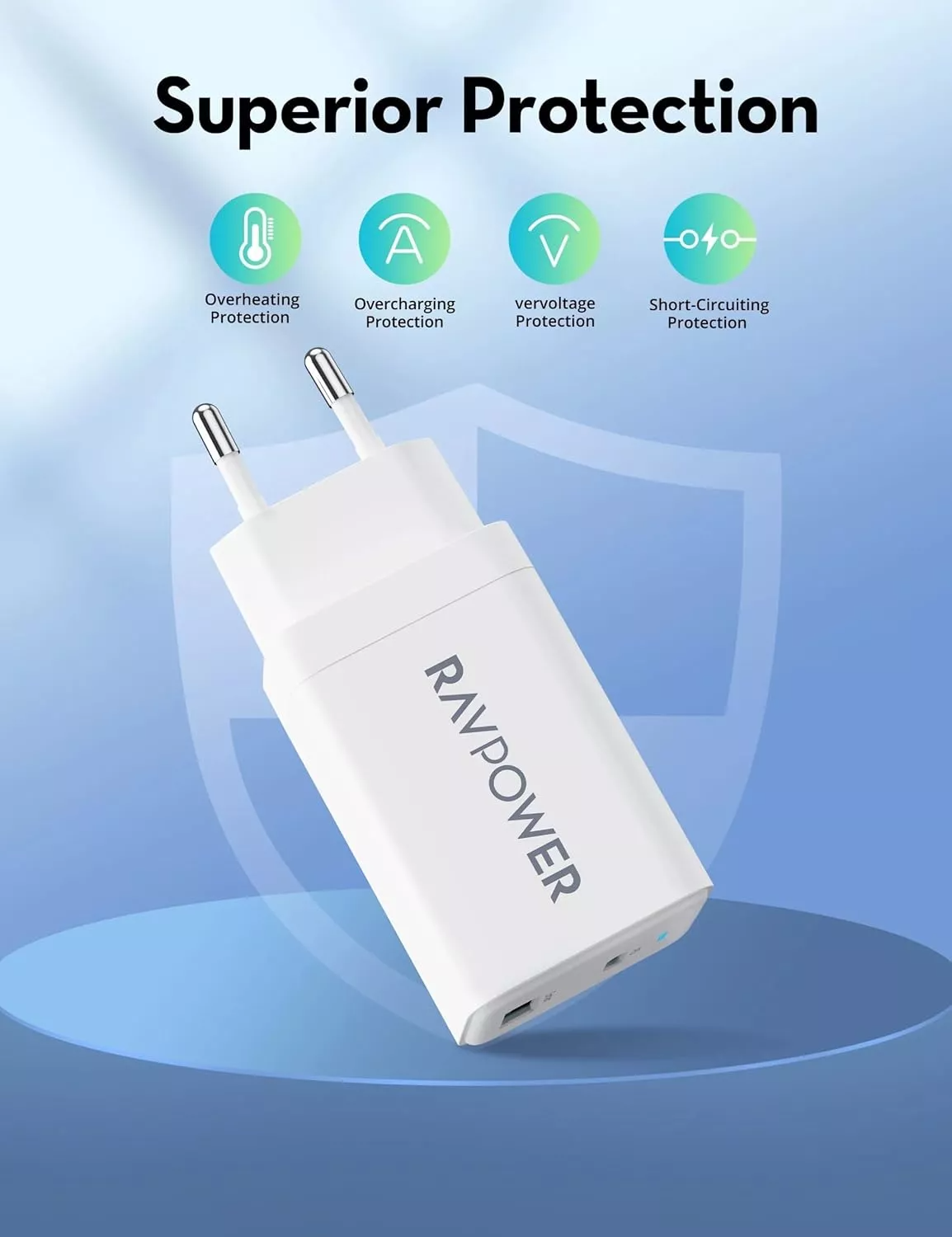 RavPower Netzladegerät RP-PC171, 45W, 3A, 1 x USB-A - 1 x USB-C, Weiß