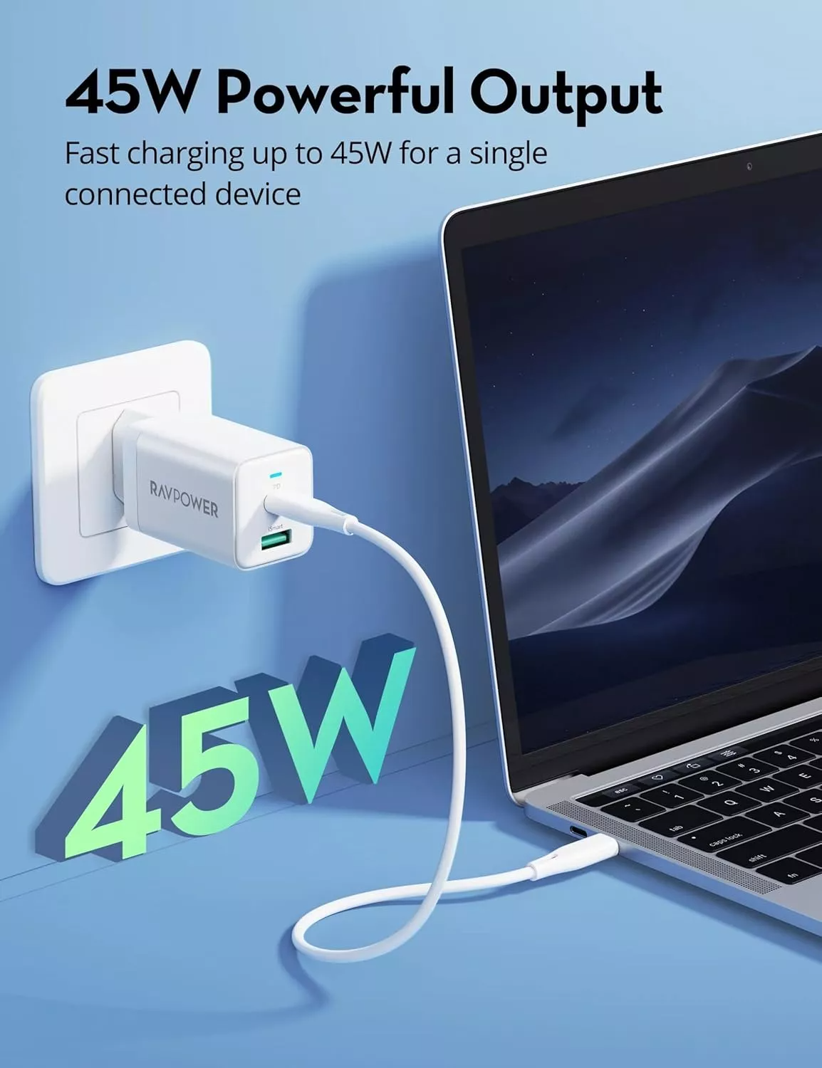 RavPower Netzladegerät RP-PC171, 45W, 3A, 1 x USB-A - 1 x USB-C, Weiß