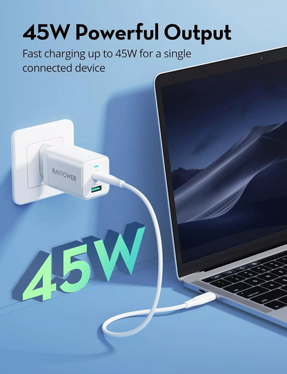 RavPower Netzladegerät RP-PC171, 45W, 3A, 1 x USB-A - 1 x USB-C, Weiß