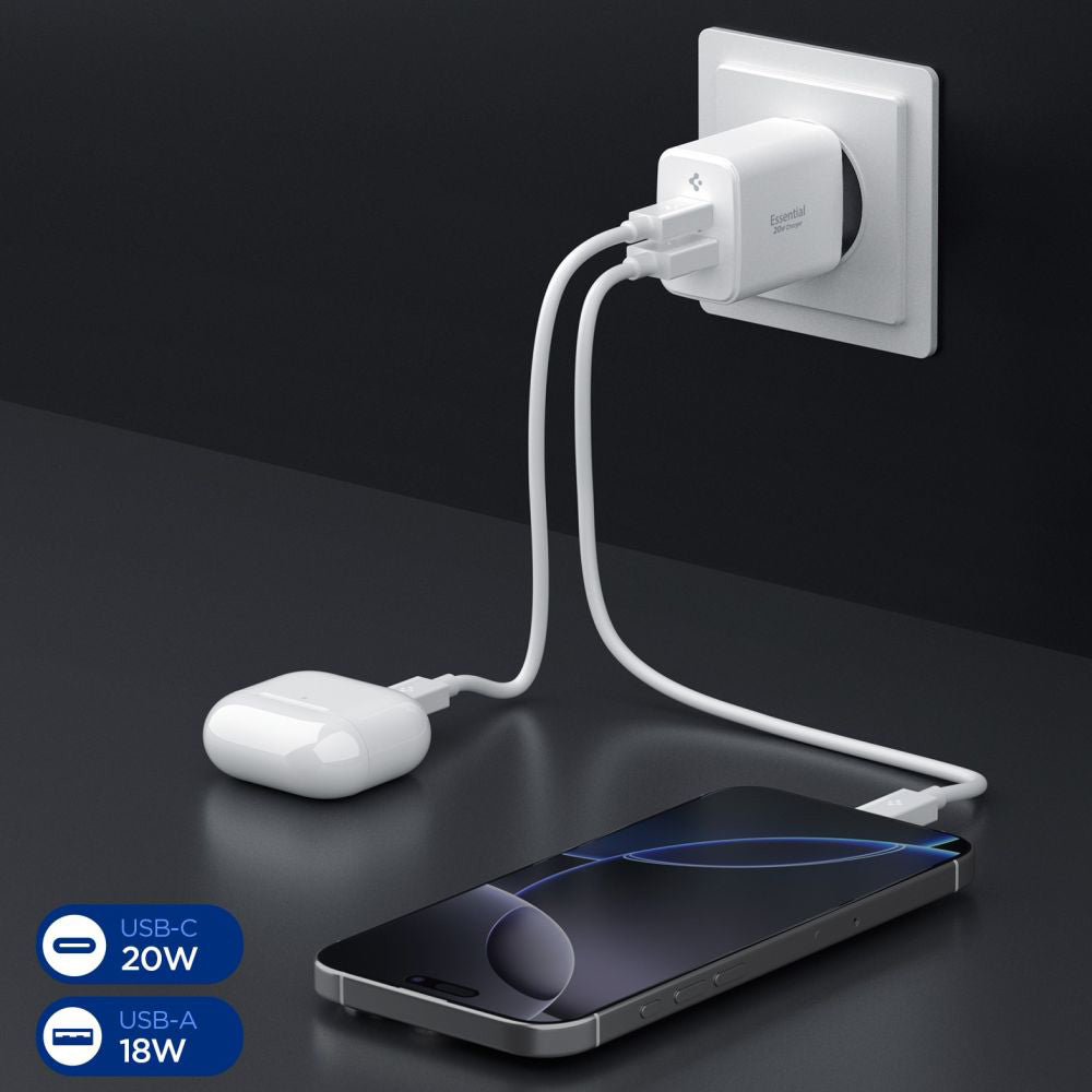 Spigen Essential Netzladegerät, 20W, 3A, 1 x USB-A - 1 x USB-C, Weiß