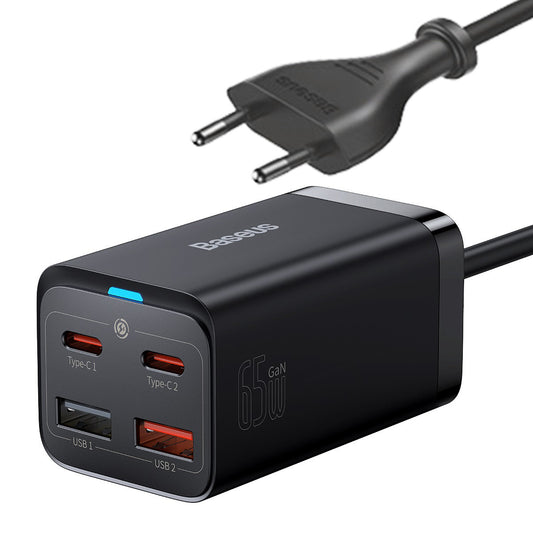 Baseus GaN3 Pro USB-C Netzwerk-Ladegerät mit Kabel, 65W, 3A, 2 x USB-A - 2 x USB-C, Schwarz CCGP04010101