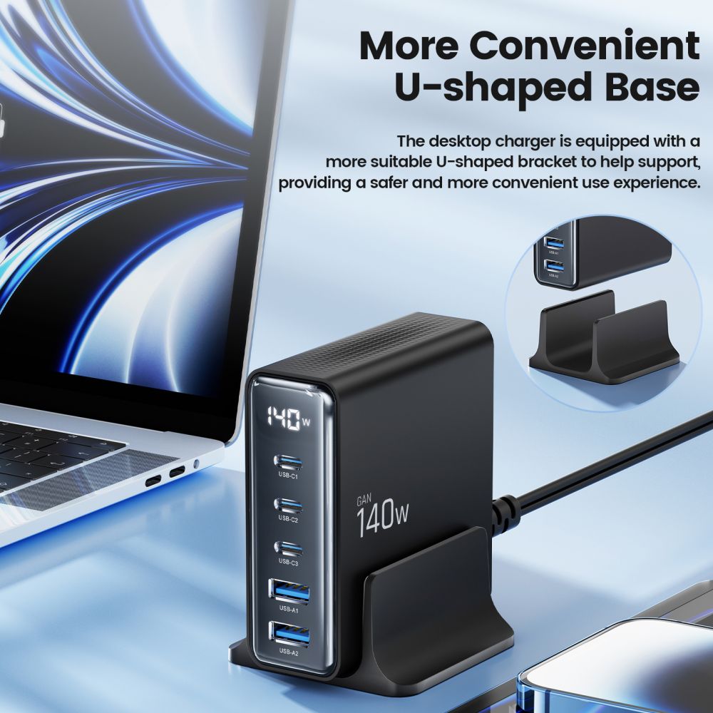 Tech-Protect Netzwerkladegerät DC140W, 140 W, 3 A, 2 x USB-A – 3 x USB-C, Schwarz