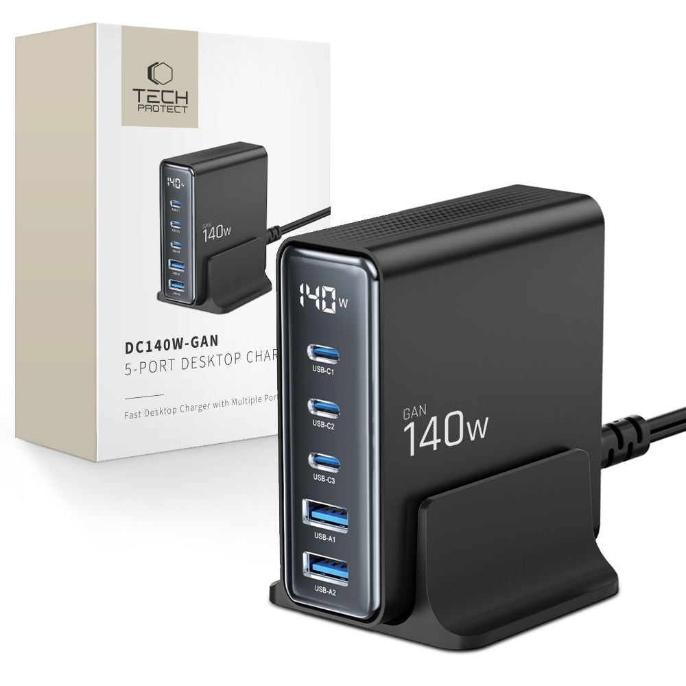 Tech-Protect Netzwerkladegerät DC140W, 140 W, 3 A, 2 x USB-A – 3 x USB-C, Schwarz