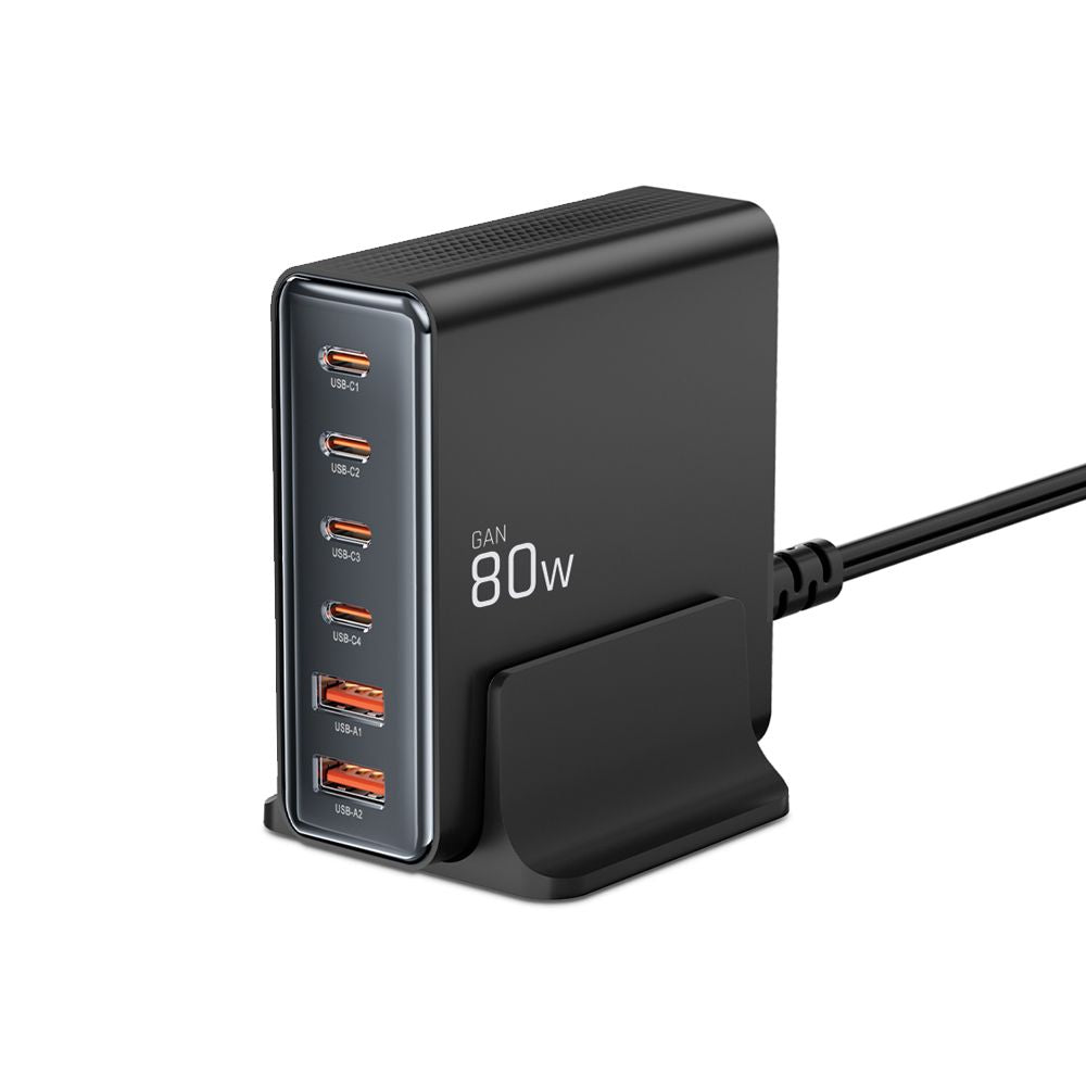 Tech-Protect Netzwerkladegerät DC80W, 80 W, 3 A, 2 x USB-A – 4 x USB-C, Schwarz