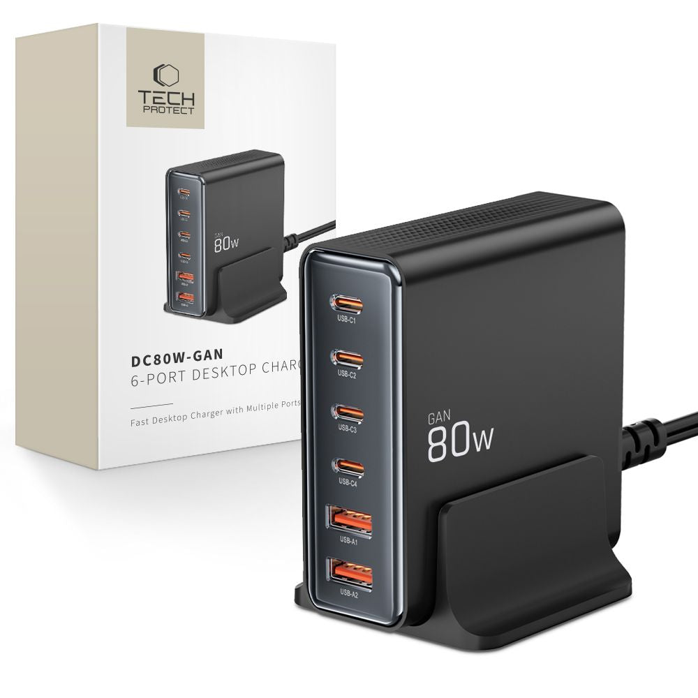 Tech-Protect Netzwerkladegerät DC80W, 80 W, 3 A, 2 x USB-A – 4 x USB-C, Schwarz