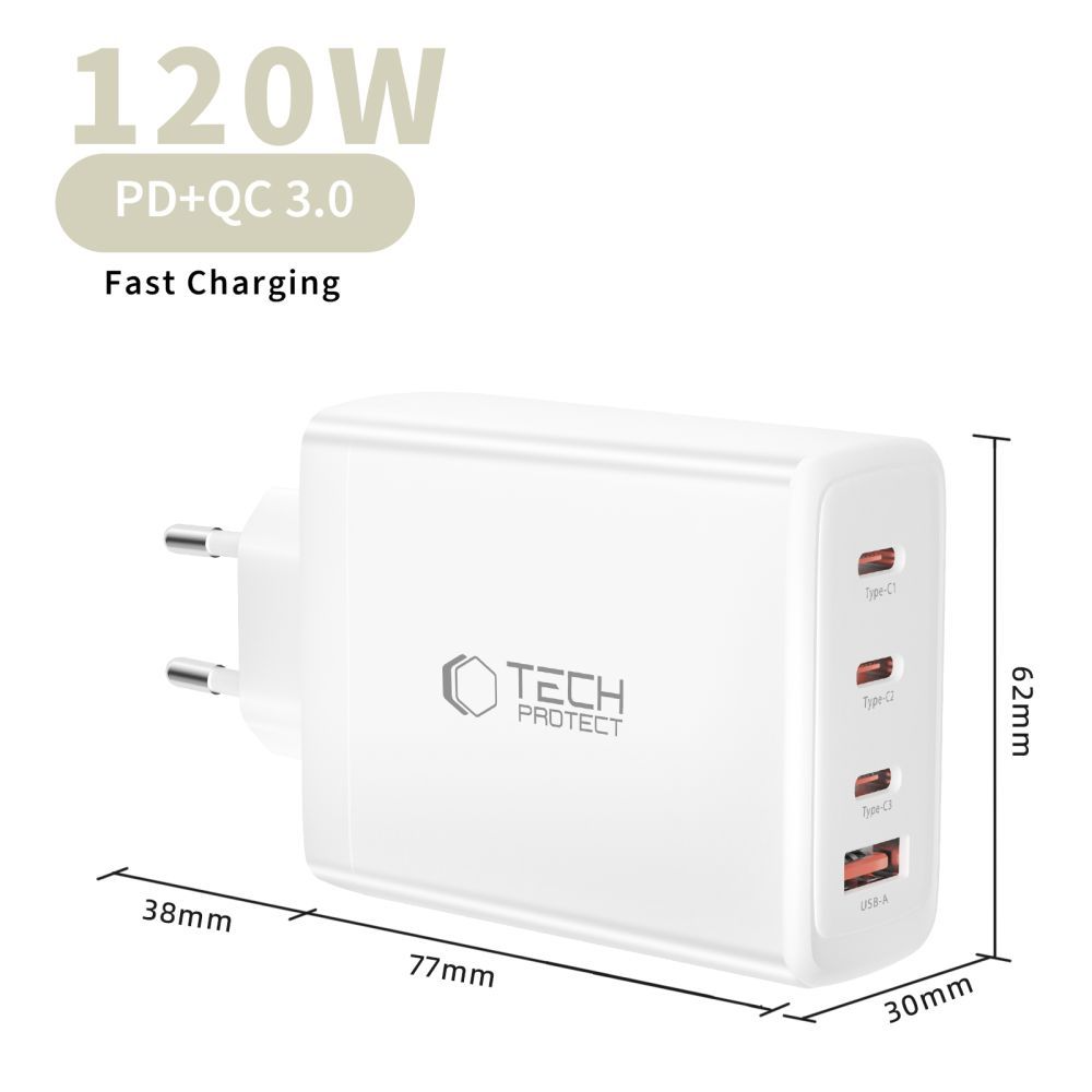 Netzladegerät Tech-Protect NC120W-GAN, 120W, 5A, 1 x USB-A - 3 x USB-C, Weiß