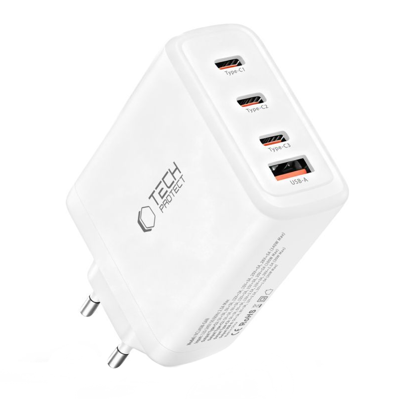 Netzladegerät Tech-Protect NC140W-GAN, 140W, 5A, 1 x USB-A - 3 x USB-C, Weiß