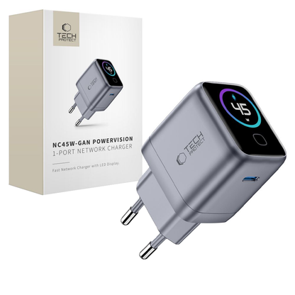 Tech-Protect NC45W Display Netzladegerät, 45W, 3A, 1 x USB-C, Grau