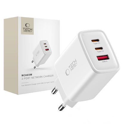 Netzladegerät Tech-Protect NCA65W, 65W, 3A, 1 x USB-A - 2 x USB-C, Weiß