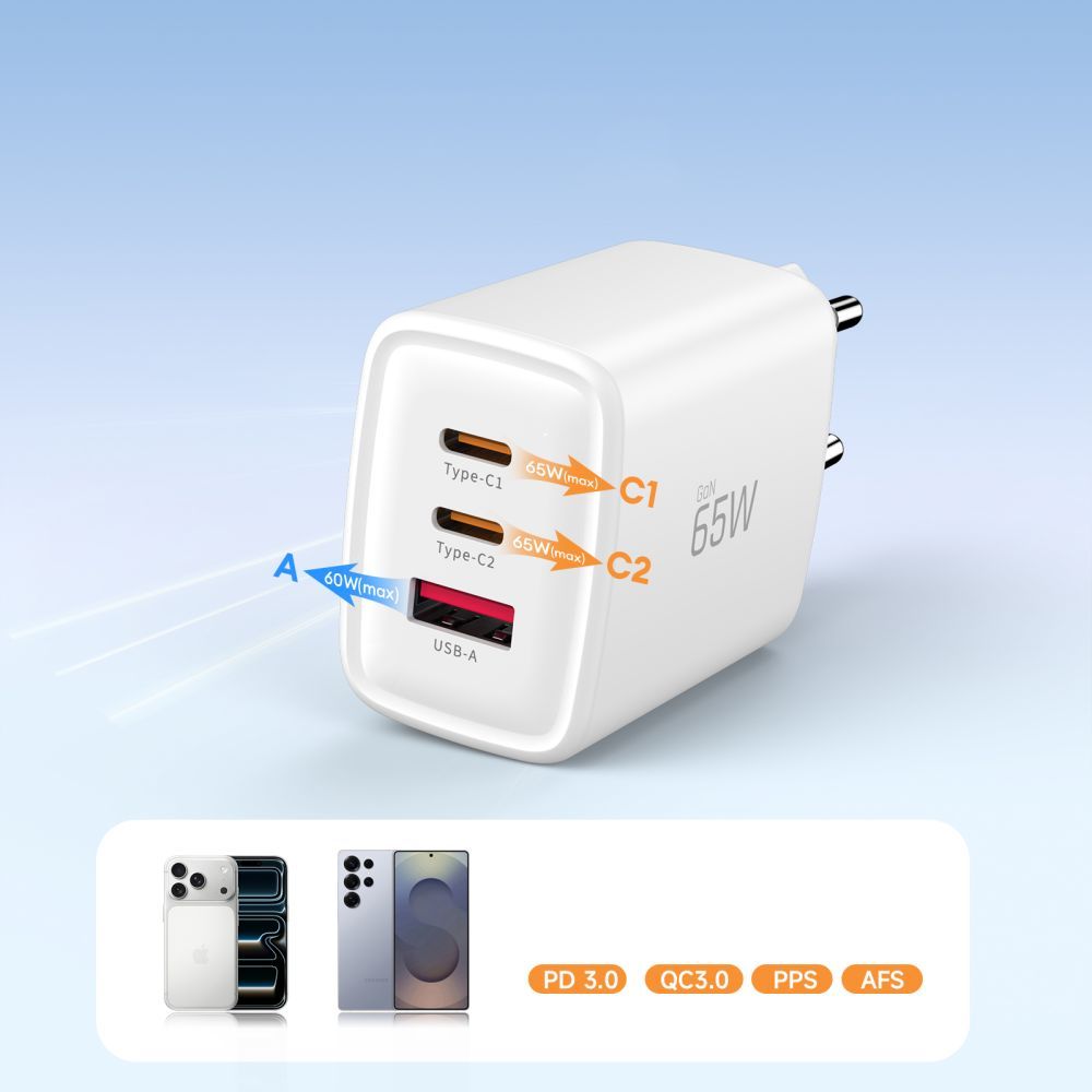 Netzladegerät Tech-Protect NCA65W, 65W, 3A, 1 x USB-A - 2 x USB-C, Weiß
