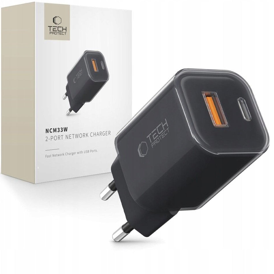 Netzladegerät Tech-Protect NCM33W, 33W, 3A, 1 x USB-A - 1 x USB-C, Schwarz